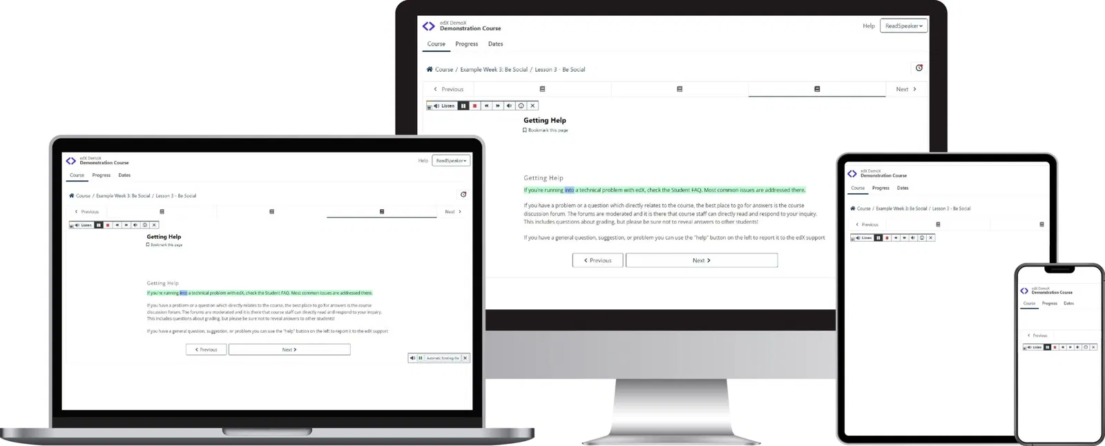 Open edX learning interface displayed on multiple devices with ReadSpeaker text-to-speech tool.