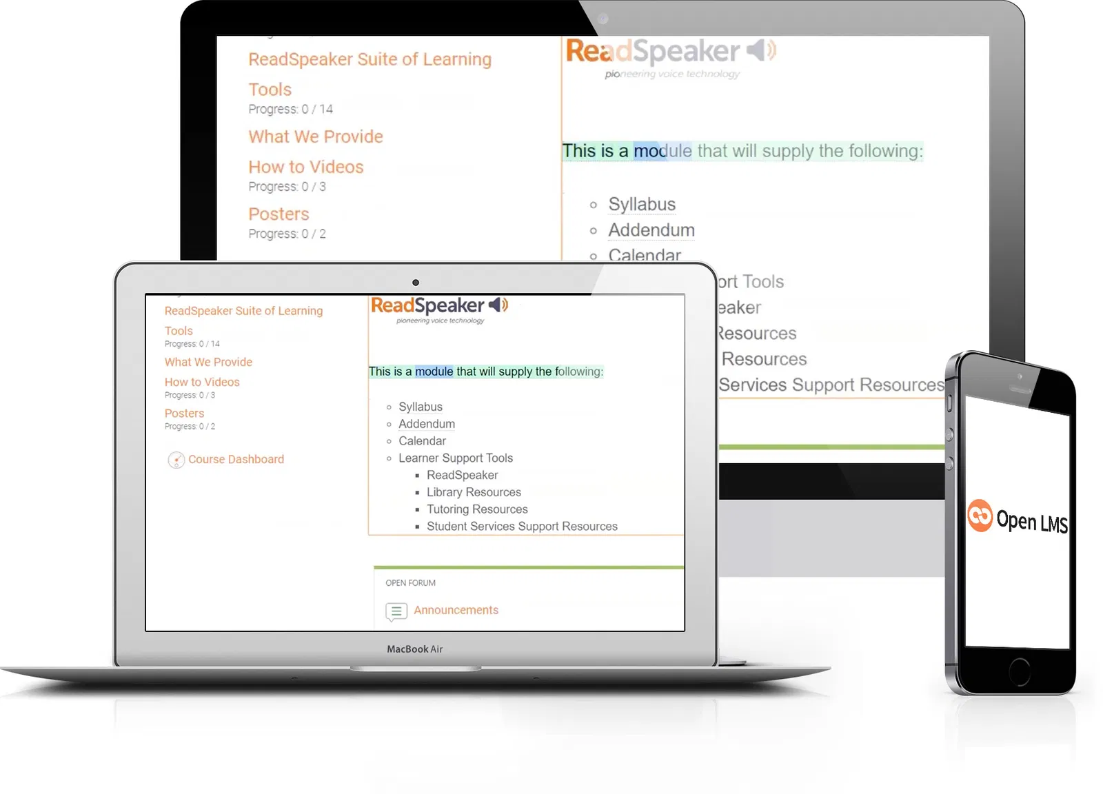 ReadSpeaker interface displayed on Open LMS platform, highlighting learning modules and resources.