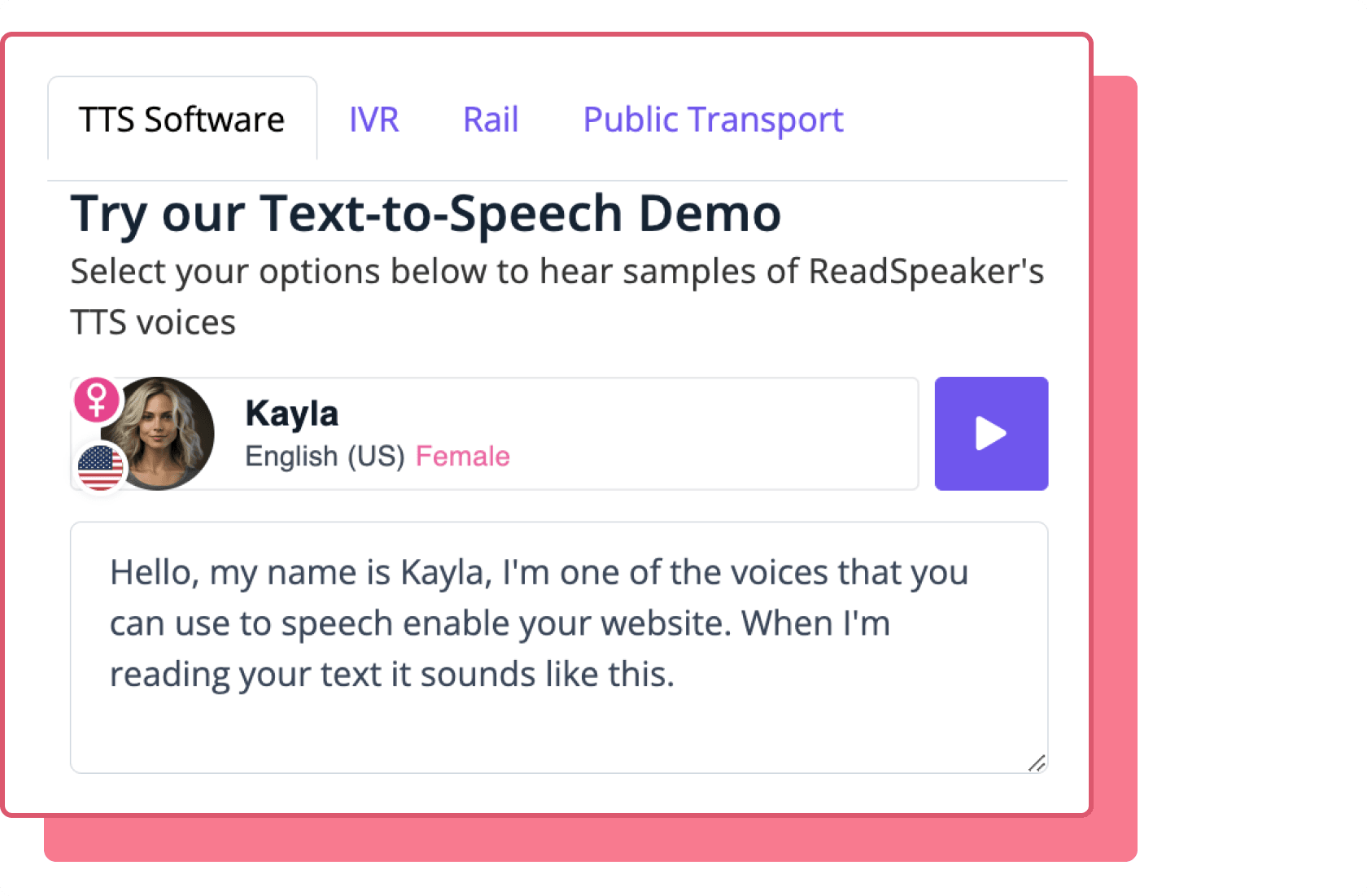 ReadSpeaker demo tool illustration with American female avatar. The voice is named Ilse.