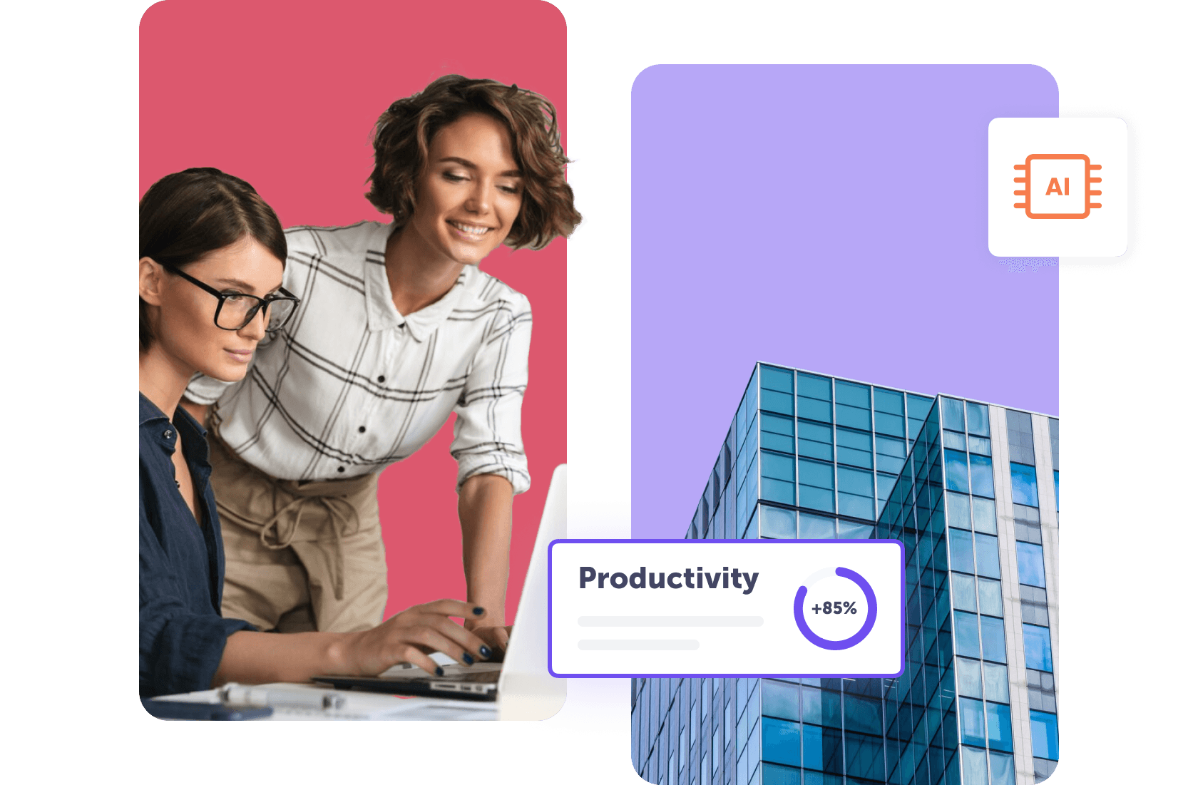 Two women in front of a laptop on a pink background on the left and a building on a purple background on the right.