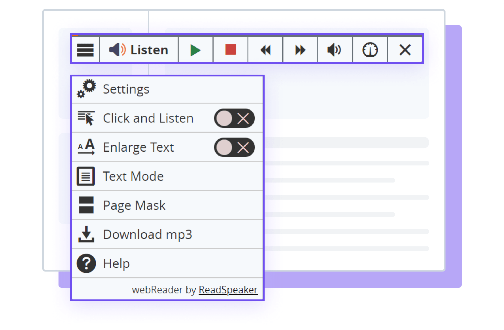 Illustration of the ReadSpeaker webReader tool with displayed options and settings.