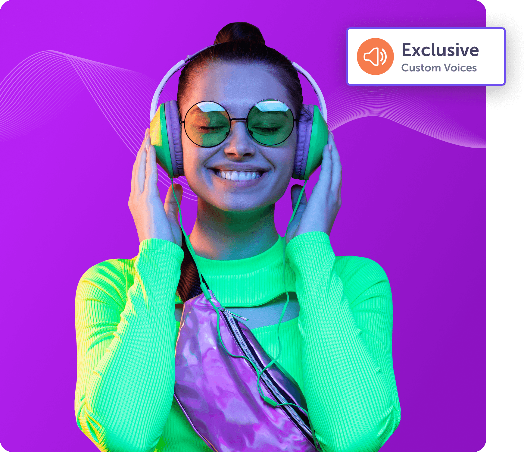 Woman in neon attire enjoying music with headphones against a vibrant purple background.