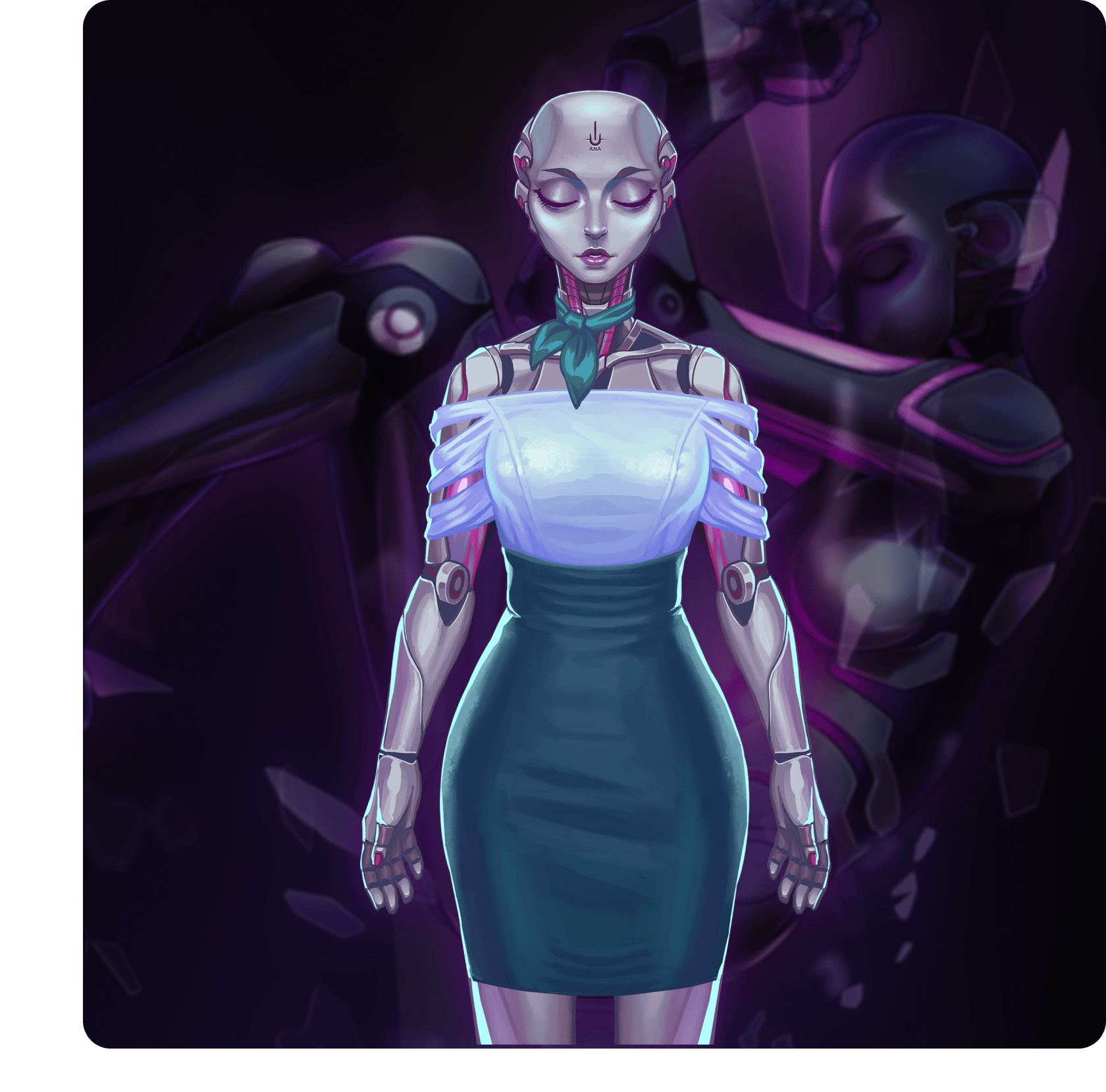 Futuristic humanoid robot in stylish dress, set against a dark, abstract background.