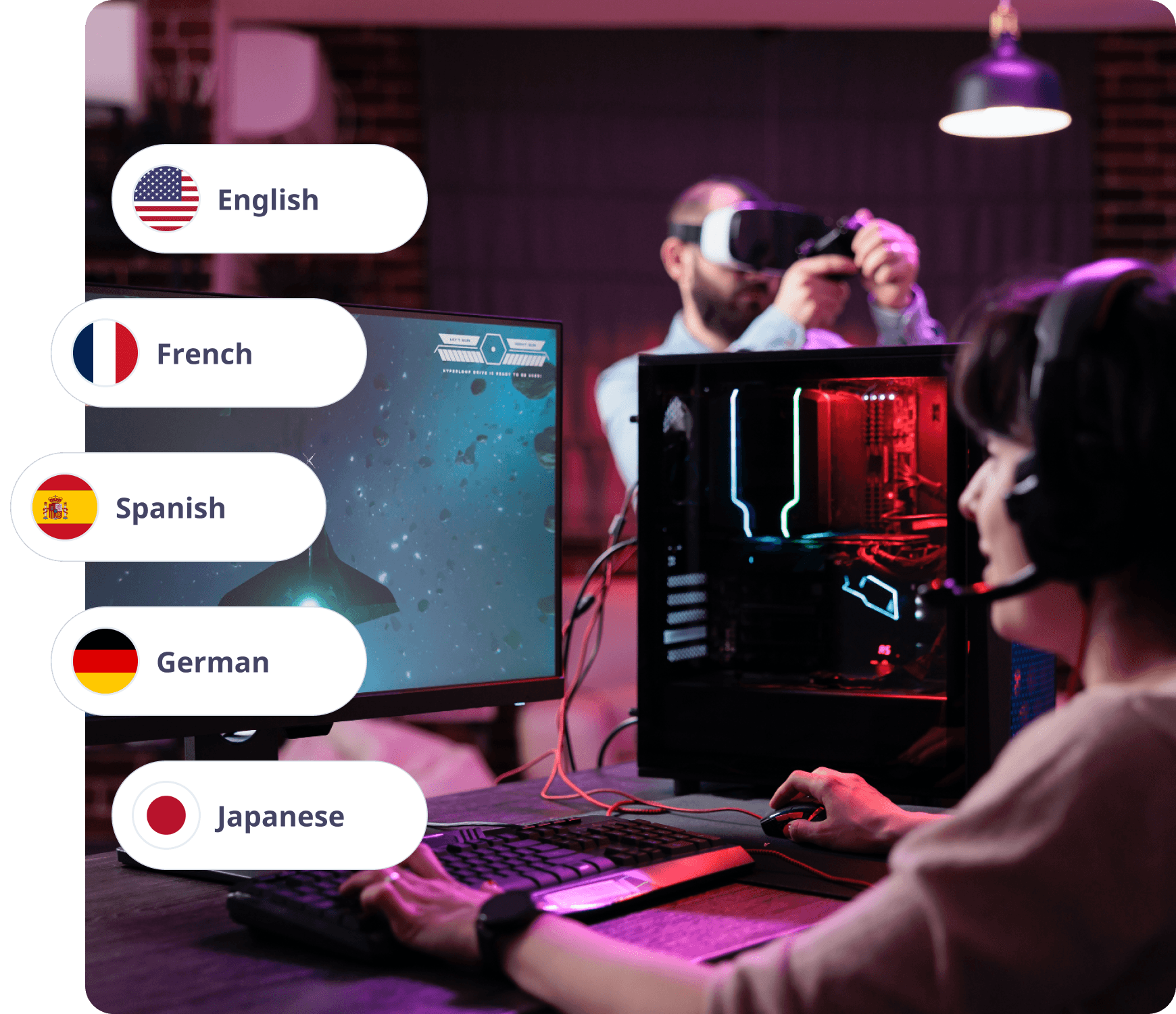 Person gaming with headset, computer, and VR headset, displaying language options on screen.