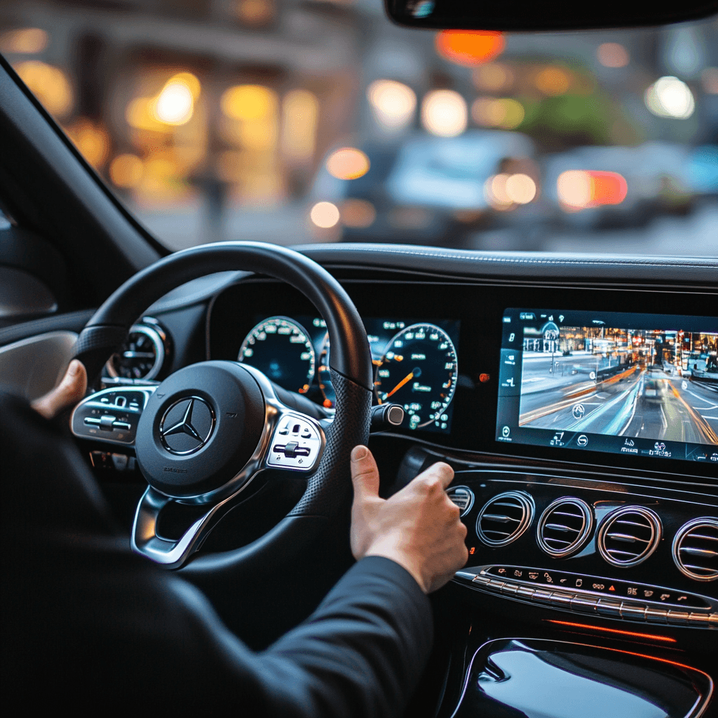 Ręce kierowcy na kierownicy Mercedesa z cyfrową deską rozdzielczą i tle świateł miasta.