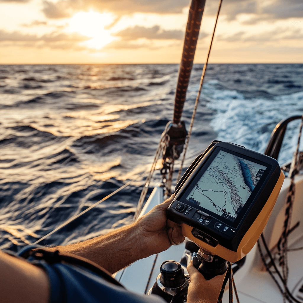 Żeglarz używający urządzenia GPS na łodzi o zachodzie słońca z falami oceanu w tle.