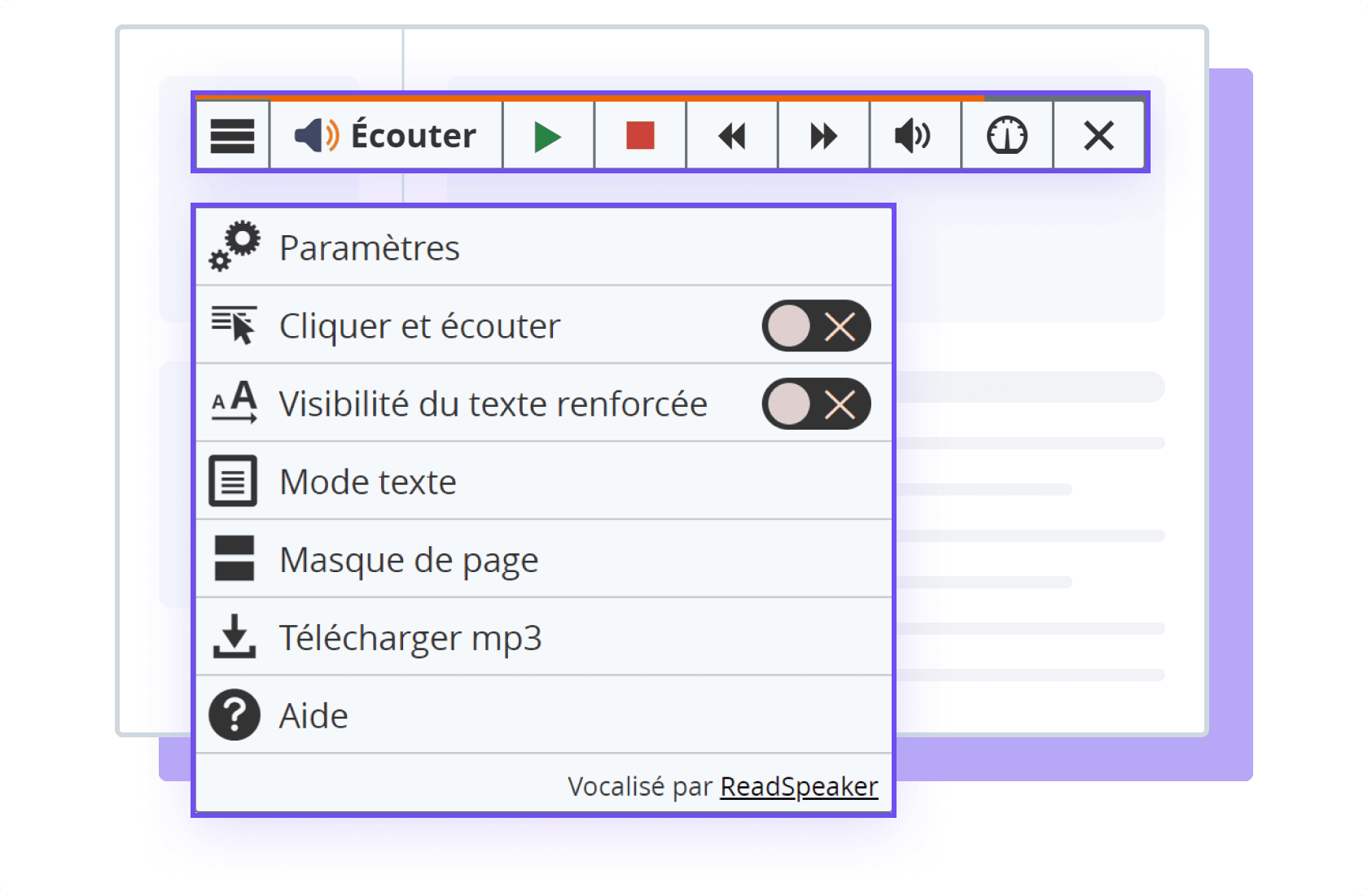 Illustration de l'outil ReadSpeaker webReader avec les options et paramètres affichés.