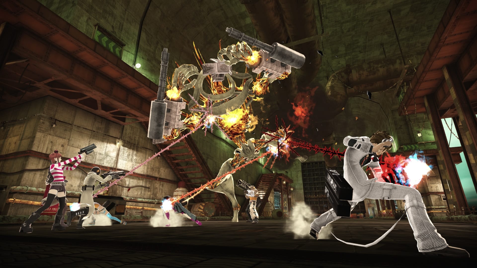 Screenshot from an early in-game footage of the game, action shot with multiple characters fighting robots and monsters.