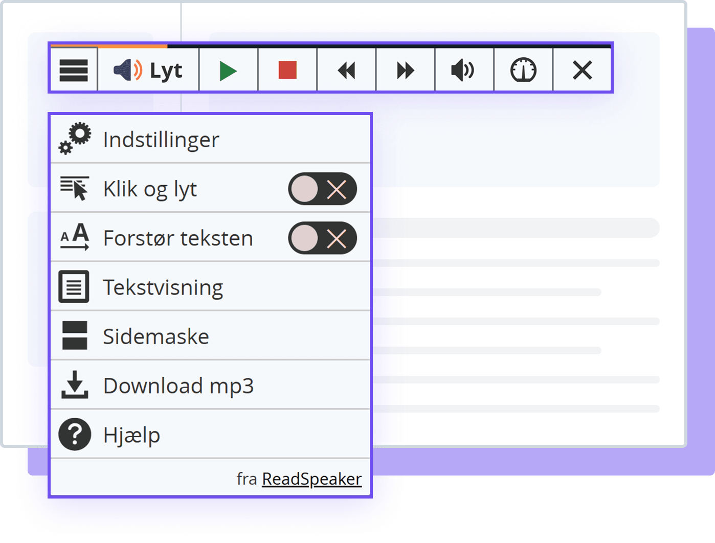 Illustration af ReadSpeaker webReader-værktøjet med viste muligheder og indstillinger.