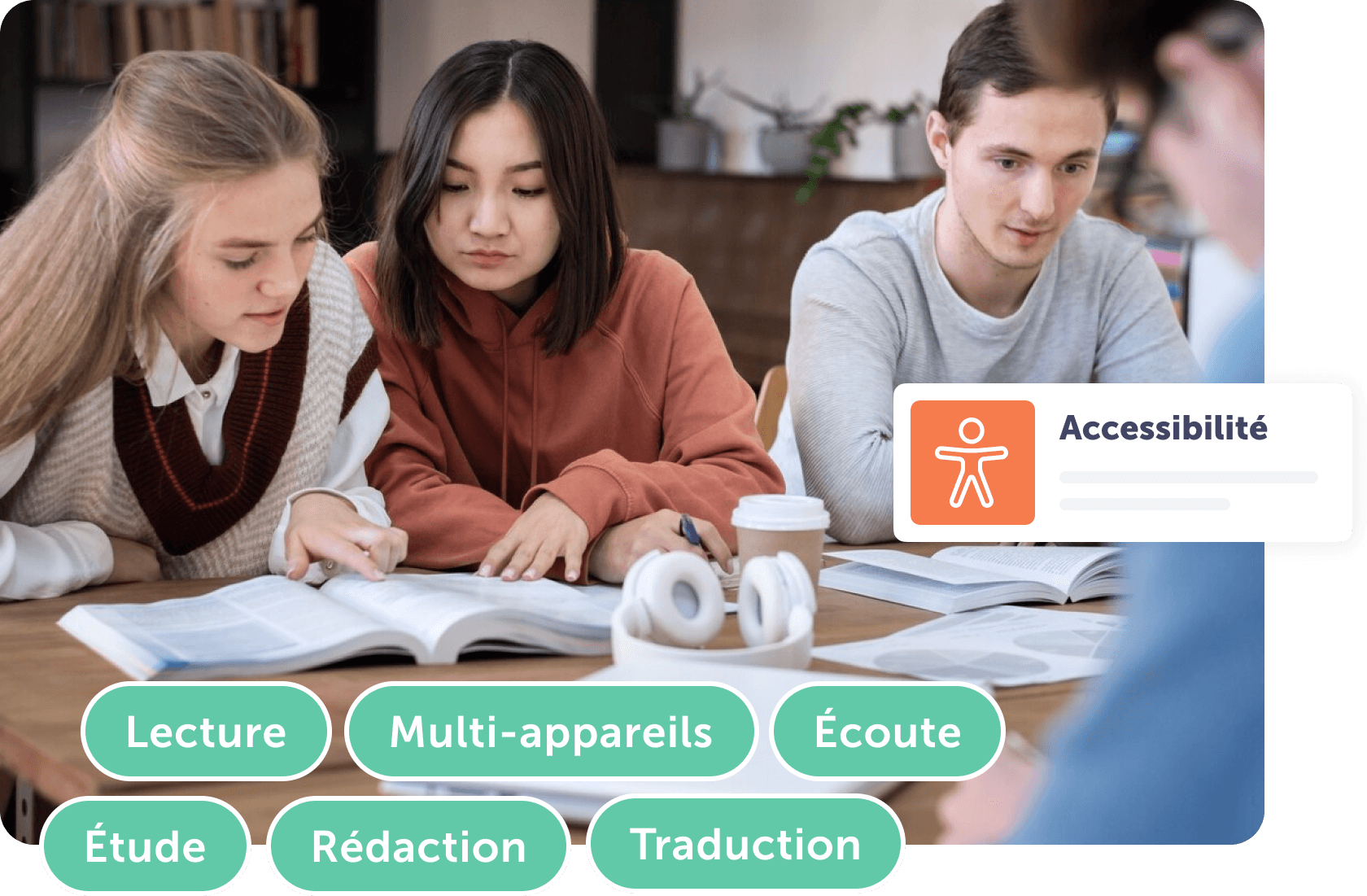 Étudiants collaborant sur des supports d'étude avec un focus sur les fonctionnalités et outils d'accessibilité.