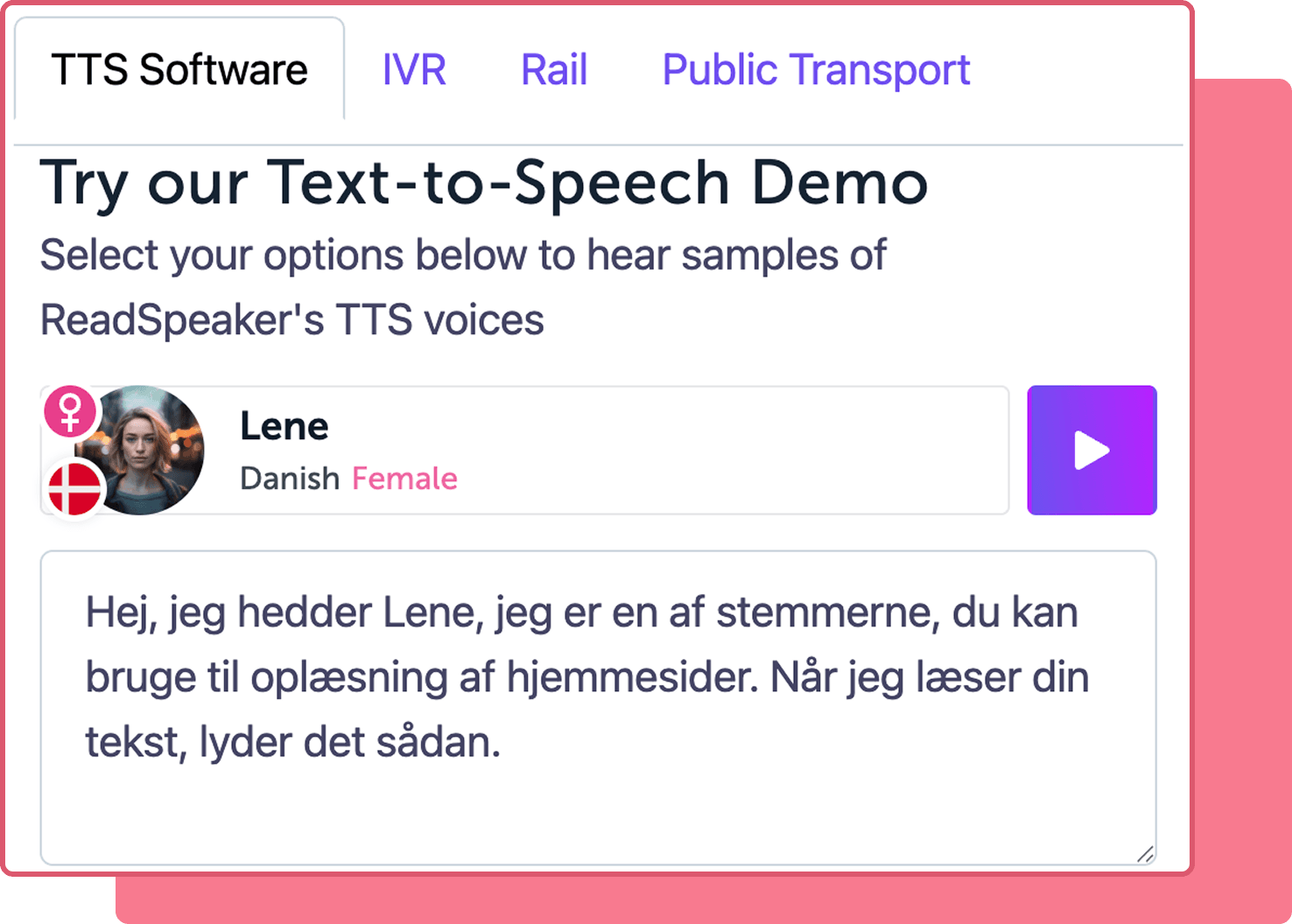 Illustration af ReadSpeaker demo-værktøjet med en kvindelig avatar. Stemmens navn er Ilse.