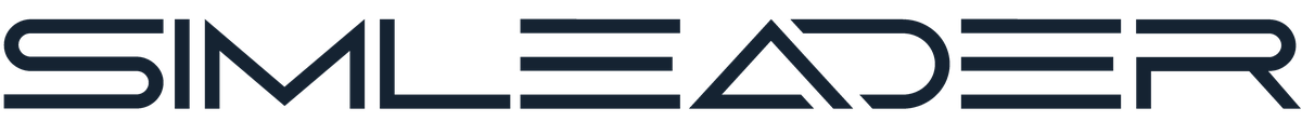 SimLeader name in thin angular dark blue capital letters.