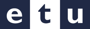 The ETU logo: the lowercase letters e, t and u set in three squares, alternating white on dark navy and dark navy on white.