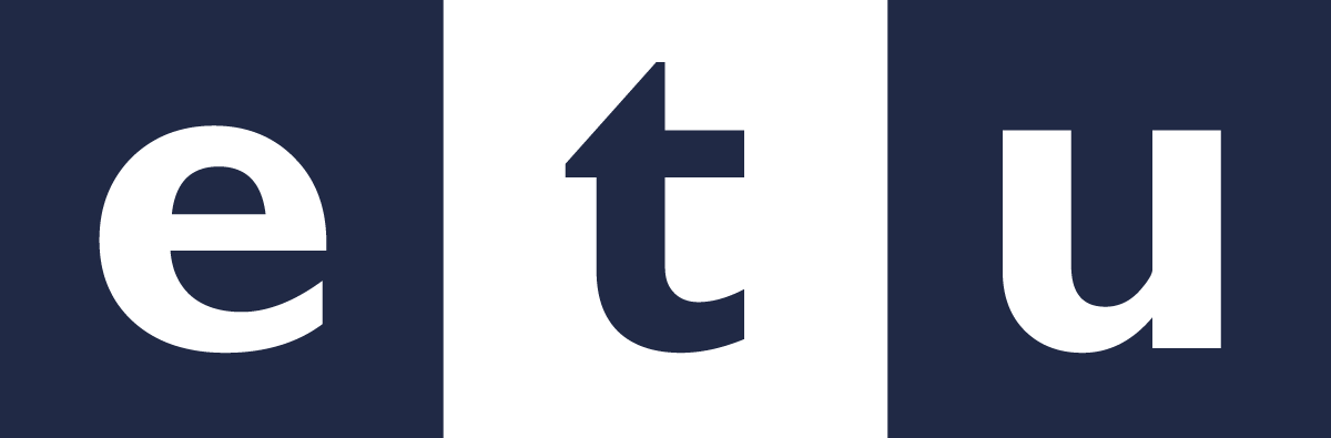 The ETU logo: the lowercase letters e, t and u set in three squares, alternating white on dark navy and dark navy on white.